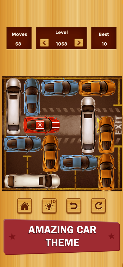 Gameplay screenshot of Unlock me unblock Puzzle game showing the car theme where players slide colorful cars to let the red car exit.
