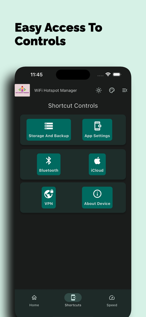 WiFi Hotspot Manager - Interfaz de la aplicación Gestor de Hotspots WiFi que muestra controles de acceso directo para VPN Bluetooth e iCloud