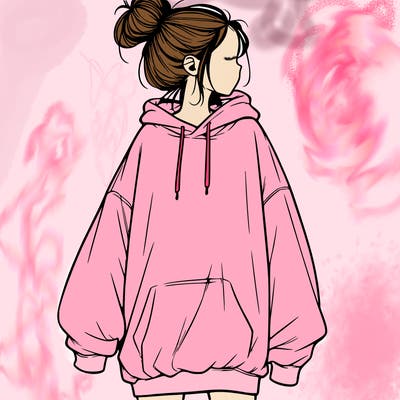 realistic girl with a oversized sweatshirt on and a bun