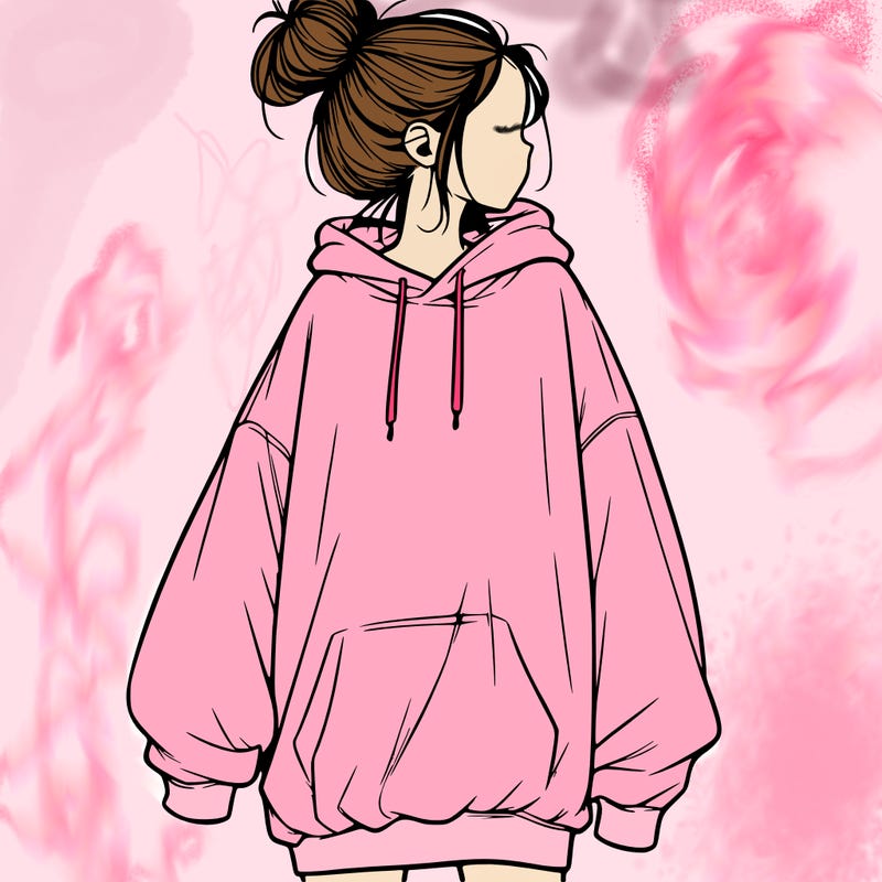 realistic girl with a oversized sweatshirt on and a bun