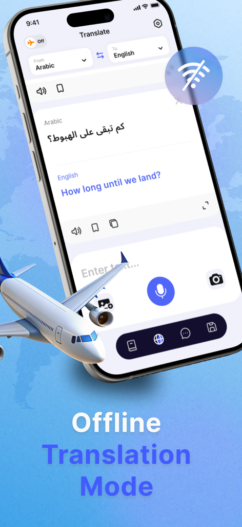 GoTranslator mobile app interface showing offline translation mode for travelers