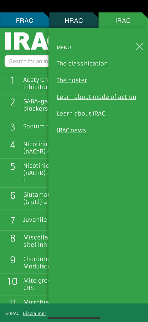 Global Resistance Management - グローバル抵抗性管理アプリのIRAC殺虫剤分類画面にオーバーレイされたサイドメニュー