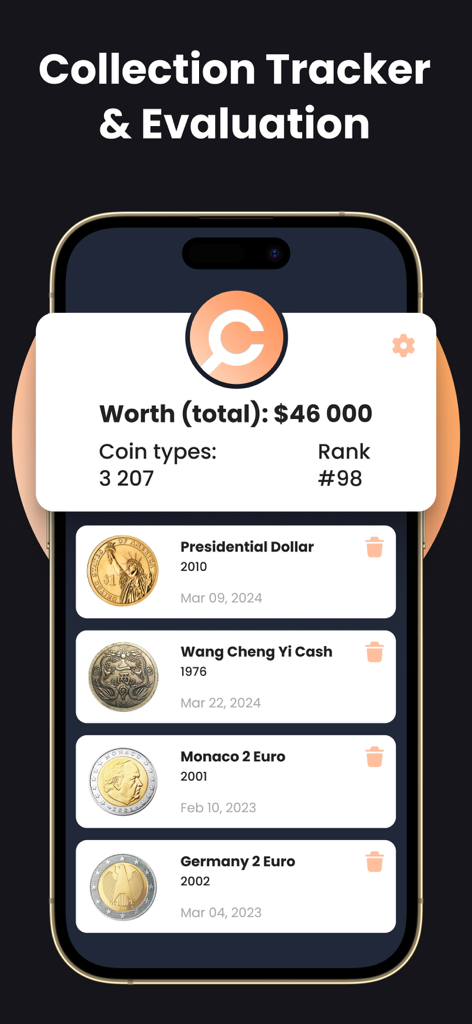 CoinIn app screen displaying a personalized coin collection tracker with estimated total worth and a list of identified coins.