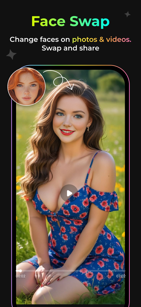 AI Face Swap Video & Photo - Interface of an AI app showing a face swap transformation on a video of a woman in a floral dress