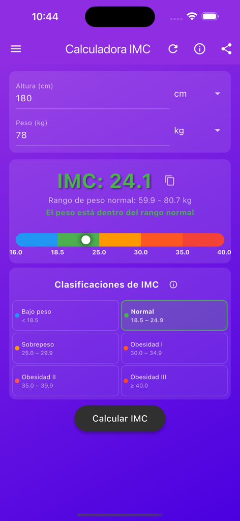 Calculadora IMC+ - Interfaz de la app Calculadora IMC plus mostrando un resultado de IMC y categorías de salud.