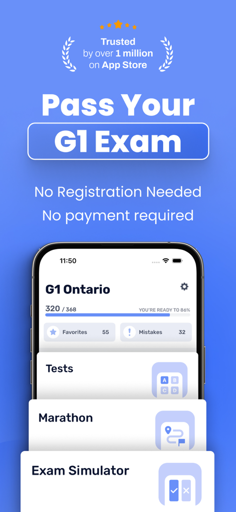 Tableau de bord de l'application G1 Driving Test Ontario montrant la progression de l'étude et le simulateur d'examen