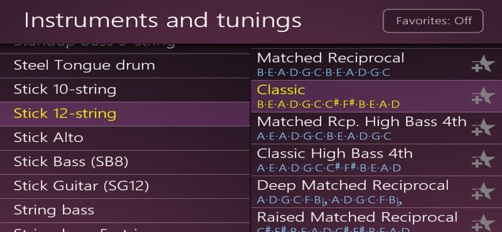 Airyware Tuner menu showing a comprehensive list of supported instruments and specialized tuning configurations