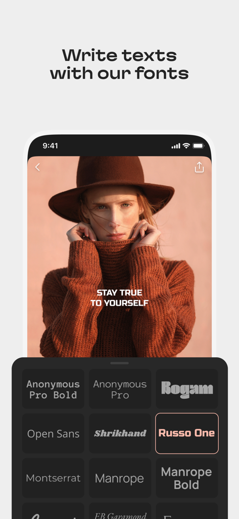 Photo editing interface showing text overlay and various font style options