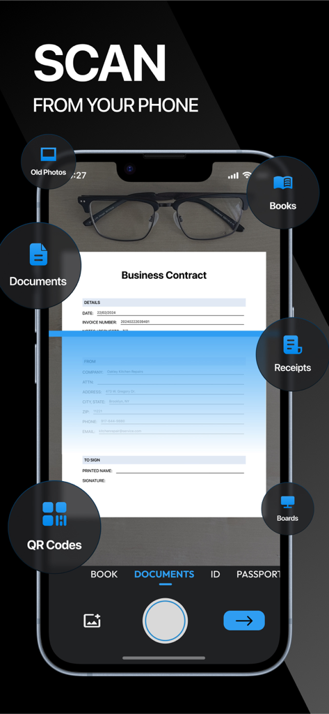 ScanNow mobile app interface scanning a business contract on a smartphone