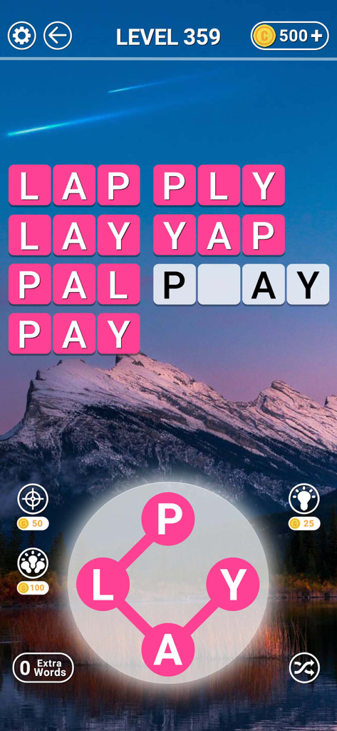 Word Connect Mobile Game-Oberfläche mit einem Kreuzworträtsel und Buchstabenrad vor einem Berggrund