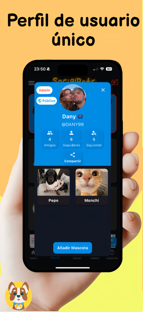 Oberfläche der SocialPets-Mobil-App, die ein Benutzerprofil mit sozialen Statistiken und Symbolen für ihre Haustiere Pepe und Monchi zeigt.