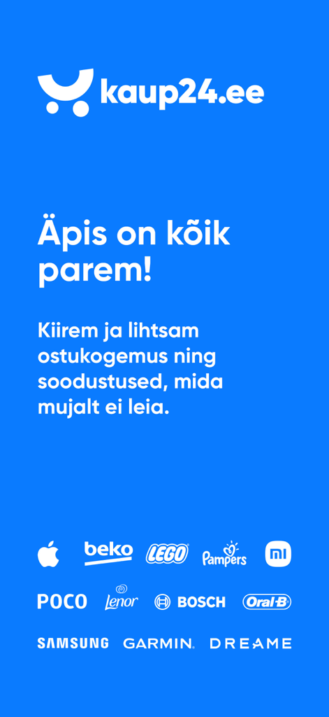 Kaup24.ee Mobiilne e-pood - Kaup24.ee mobile app splash screen highlighting faster shopping and exclusive discounts with major brand logos