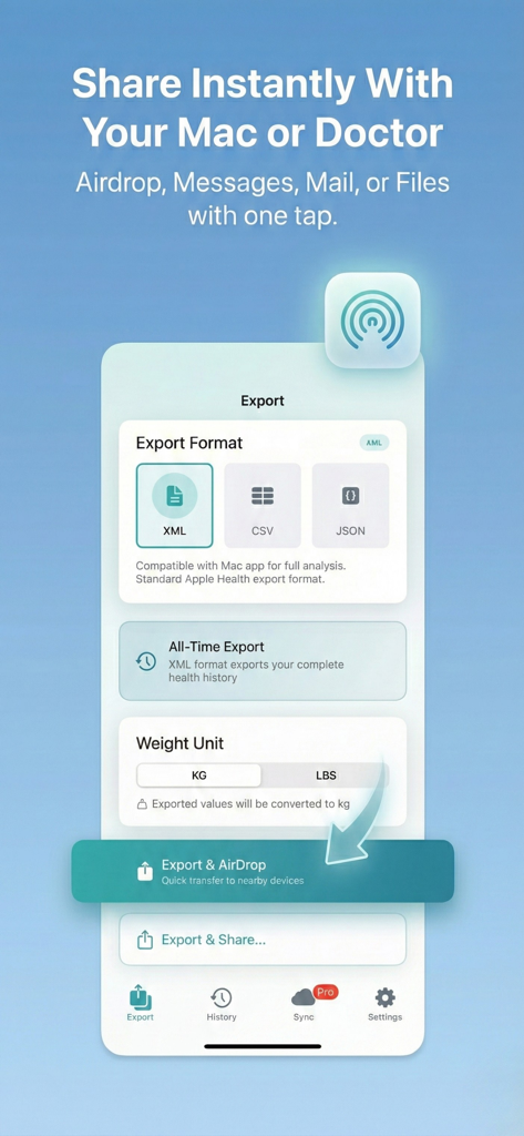 Health Data Export AI Analyzer - Health data export screen showing options for XML CSV and JSON formats with an AirDrop share button