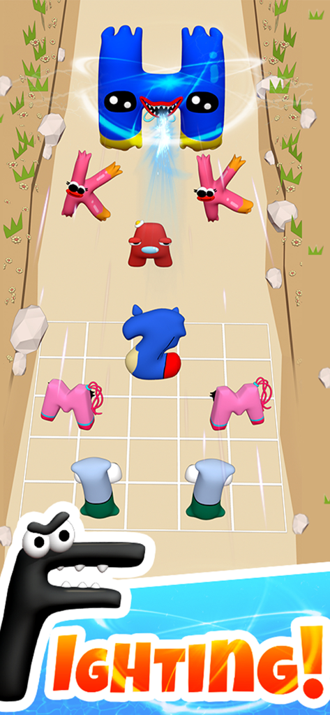 Merge Alphabet Lore A-Z - Alphabet characters H, K, A, Z and M battling on a grid in the Merge Alphabet Lore A-Z mobile game.