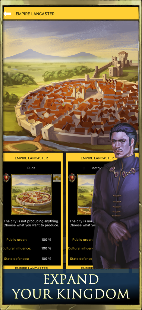Age of Dynasties: Crusader War - Medieval city management screen in Age of Dynasties showing empire expansion and city statistics