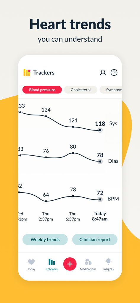 Hello Heart • For heart health - Interfaz de la aplicación Hello Heart que muestra gráficos de tendencias de presión arterial sistólica y diastólica y frecuencia cardíaca