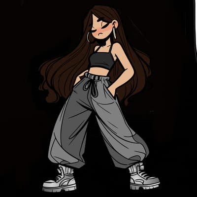 girl in baggy pants crop top and long hair
