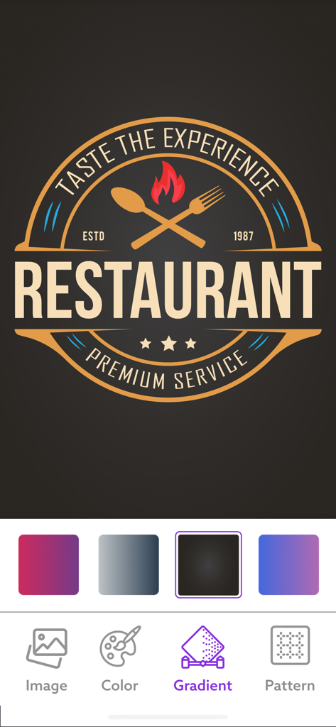 AI Logo Maker + Logo Generator - Mobile app interface showing the customization of a restaurant logo template with gradient color options