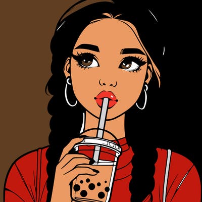 realistic girl with braided hair drinking boba