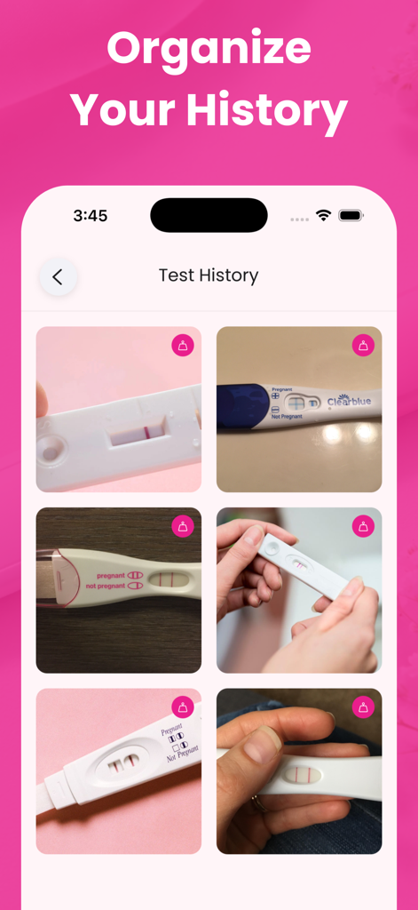 Pregnancy Test Scanner: Nuva - Nuva app Test History screen displaying a grid of saved pregnancy test images