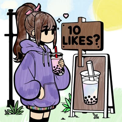 girl with oversized hoodie drinking boba and she has a high ponytail with a sign that says 10likes?