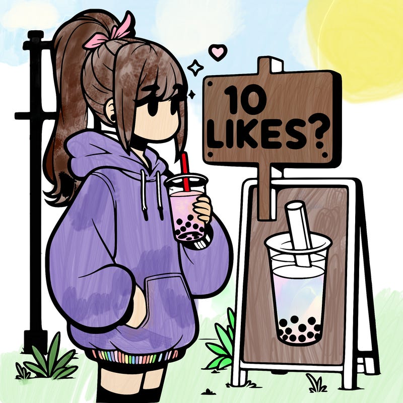 girl with oversized hoodie drinking boba and she has a high ponytail with a sign that says 10likes?
