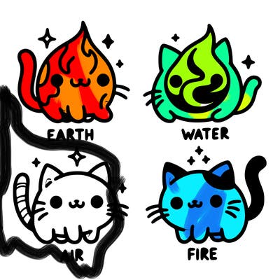 4 cats that represent the different elements, earth, water, air, and fire