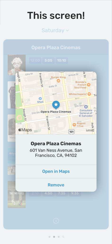 Showings — movie times & more - Screenshot der Showings-App, die den Kartenstandort und die Adresse für Opera Plaza Cinemas in San Francisco anzeigt