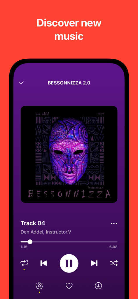 Bananastreet app music player interface displaying an EDM track with purple album art and playback controls.