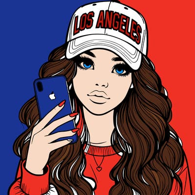 realistic beautiful girl wearing los ángeles cap holding an iphone