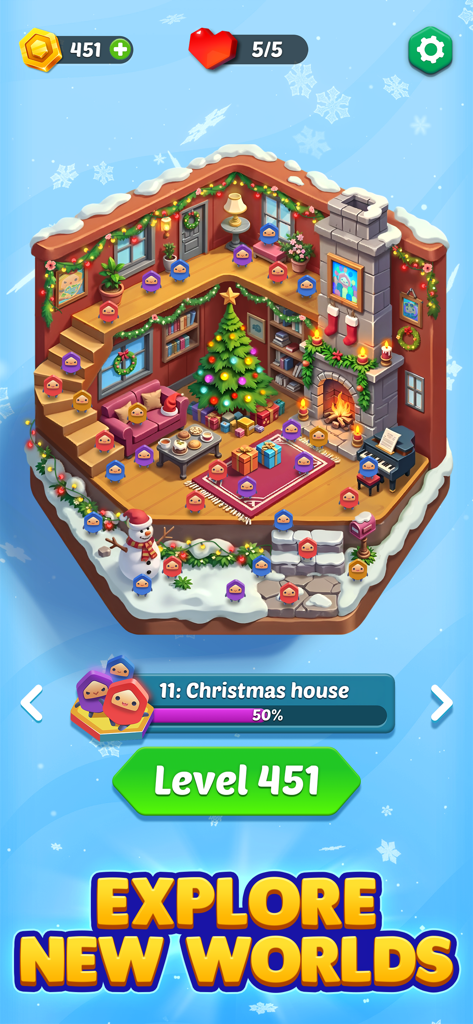 HexaGo sorting puzzle screen showing a cozy Christmas house level with colorful characters