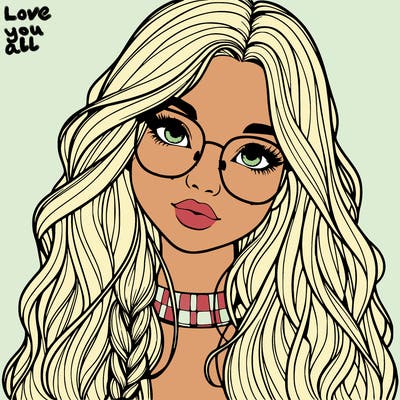 girl with long hair and freckles and glasses realistic