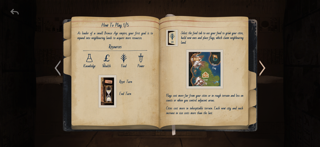 Ozymandias - Tutorial screen for Ozymandias showing game resources and instructions in a vintage book