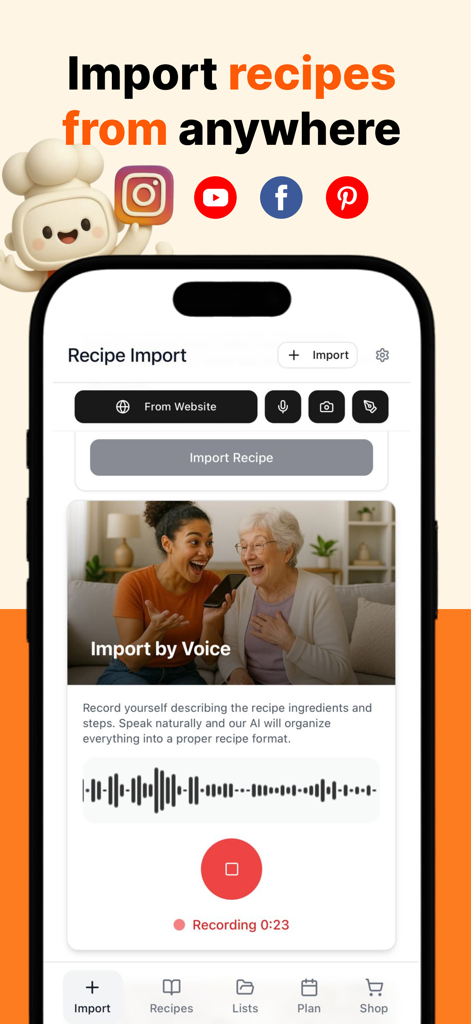 CookBook Recipe & Meal Planner - CookBook app interface showing the recipe import by voice feature using AI technology.