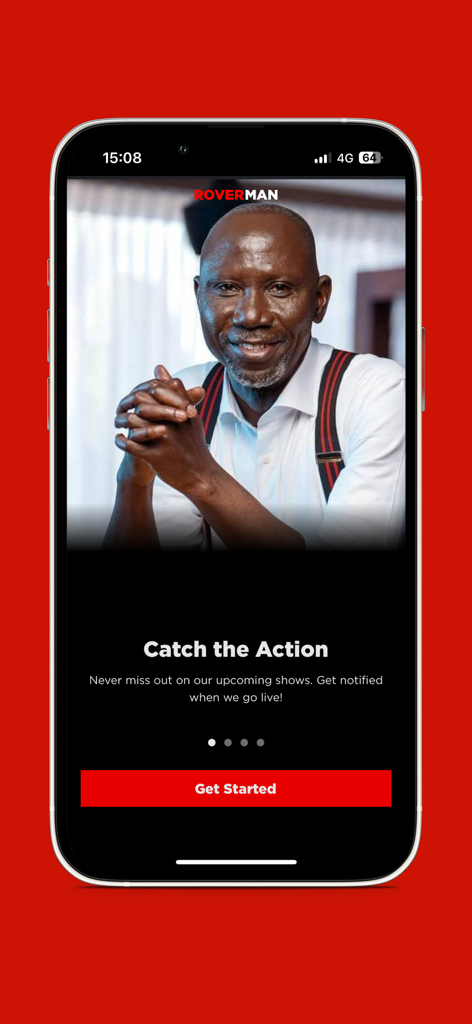 RoverApp - RoverApp onboarding screen featuring Uncle Ebo Whyte with a Get Started button