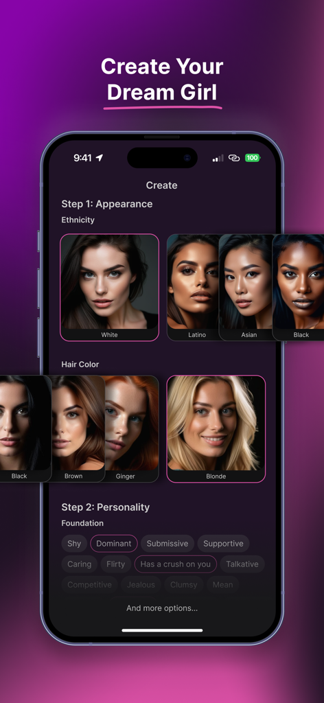SpicyGF app interface for creating an AI girlfriend by choosing ethnicity hair color and personality traits