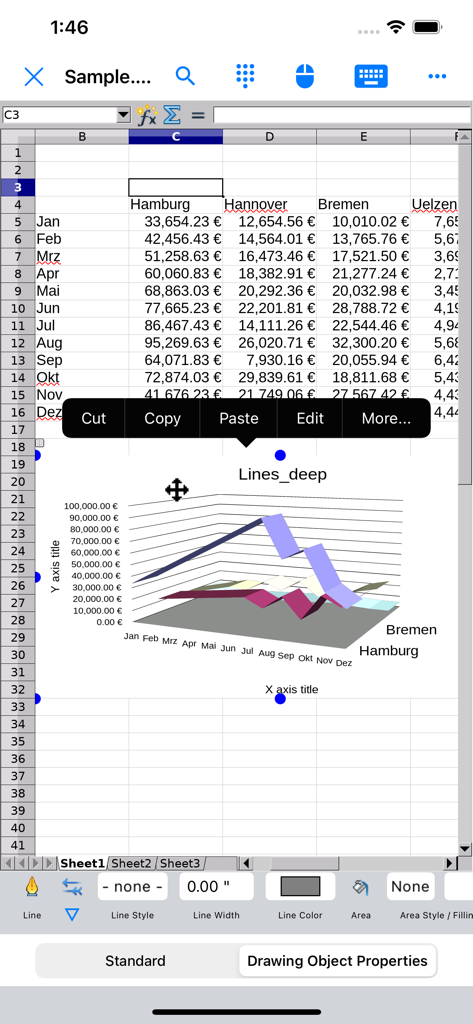 AO Office - AO Office mobile Tabellenkalkulation zeigt ein 3D-Liniendiagramm und ein Kontextmenü im Desktop-Stil.