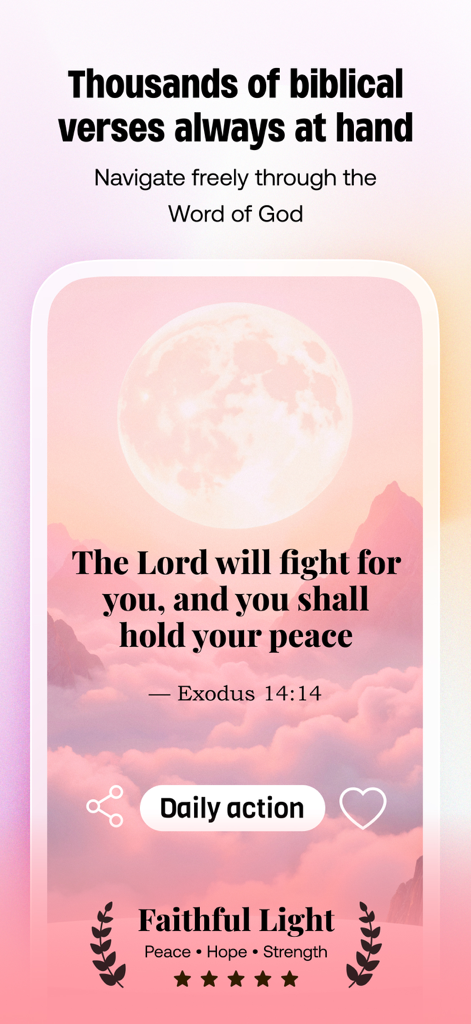 Versículo bíblico de Êxodo em um belo fundo de céu rosa no aplicativo Viven