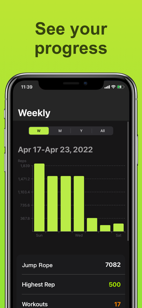 JumRop - Jump Rope Rep Counter - Pantalla de progreso semanal en la app JumRop mostrando un gráfico de barras de repeticiones diarias y estadísticas totales del entrenamiento.
