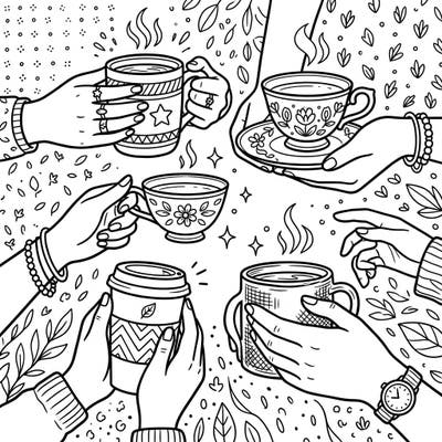 Discover a delightful coloring page showcasing trendy hands gently cradling different coffee and tea cups, perfect for a moment of relaxation. Designed specifically for teens, this intricate illustration offers a stylish and engaging artistic escape.