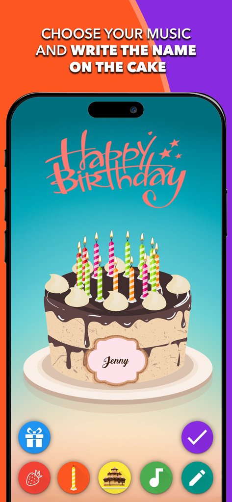 A digital birthday cake with several lit candles and the name Jenny on a decorative plaque, showcasing the app's customization features.