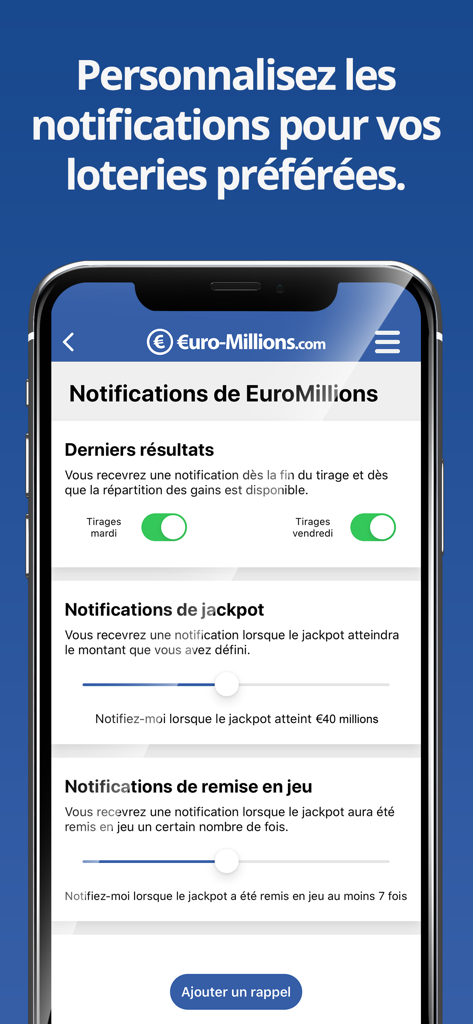 EuroMillions (Française) - Pantalla de la aplicación EuroMillions que muestra la configuración de notificación personalizable para los resultados de la lotería y las alertas de premios mayores.
