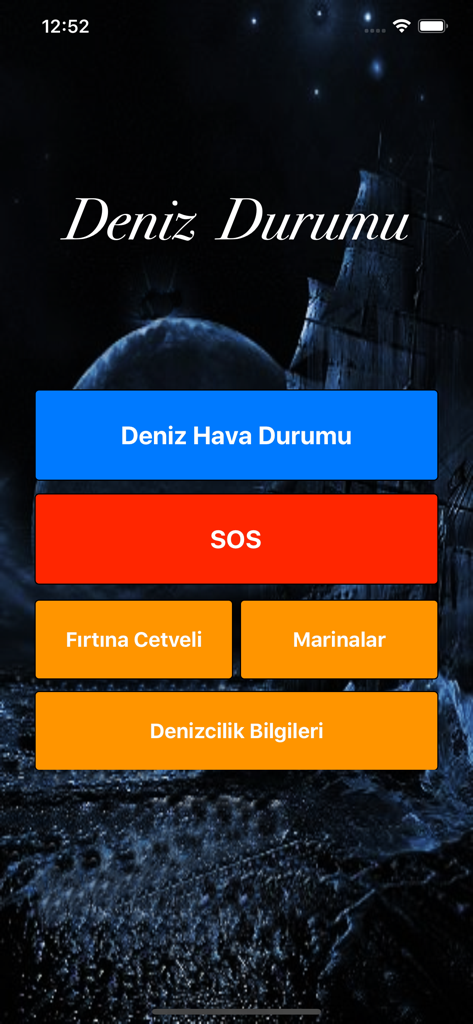 Tela inicial do aplicativo marítimo Deniz Durumu mostrando botões de menu principais para clima, SOS e informações da marina