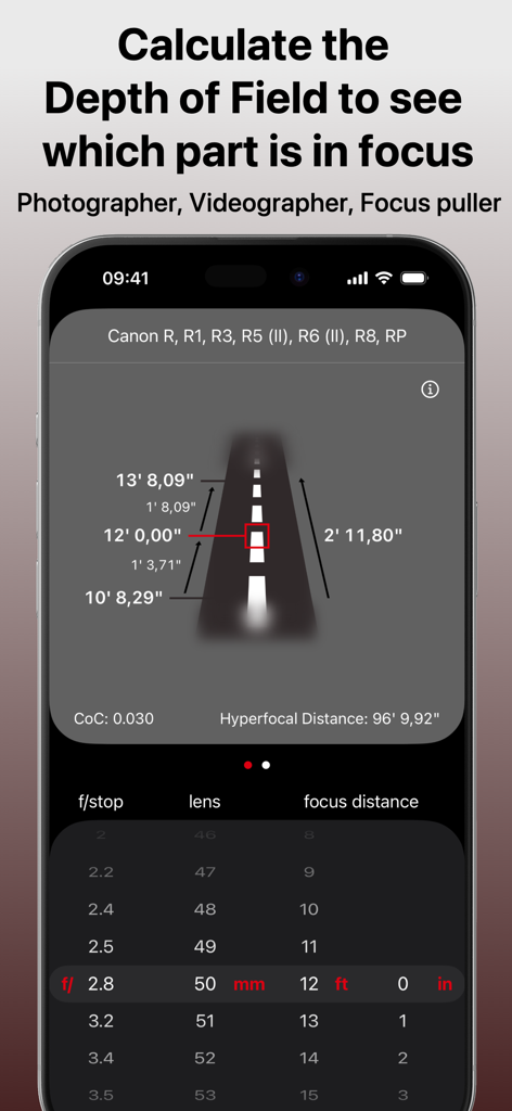 Simple DoF Rechner App zeigt Schärfentiefe- und hyperfokale Distanzberechnungen auf einem iPhone an