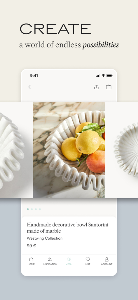 Westwing: Live Beautiful - Aplicación móvil de Westwing que muestra la página de un producto de un cuenco decorativo de mármol hecho a mano llamado Santorini.
