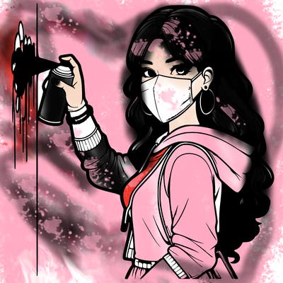 realistic girl with mask spray painting a wall
