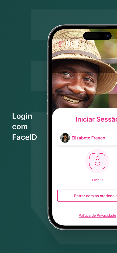 BCI Mobile banking app login screen showing FaceID authentication and user profile