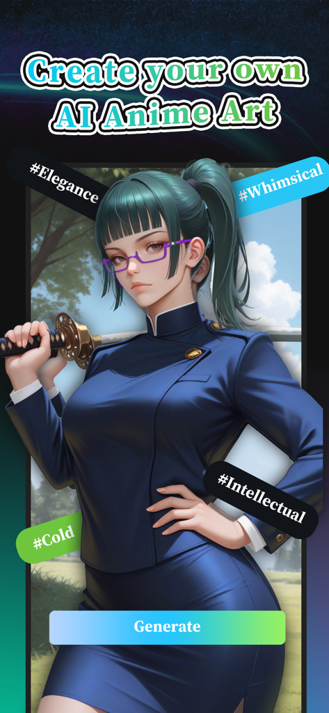 Keily-Create AI Stroy - エレガンスや気まぐれなどのタグが付いた生成されたアニメキャラクターを示すKeilyアプリのインターフェース