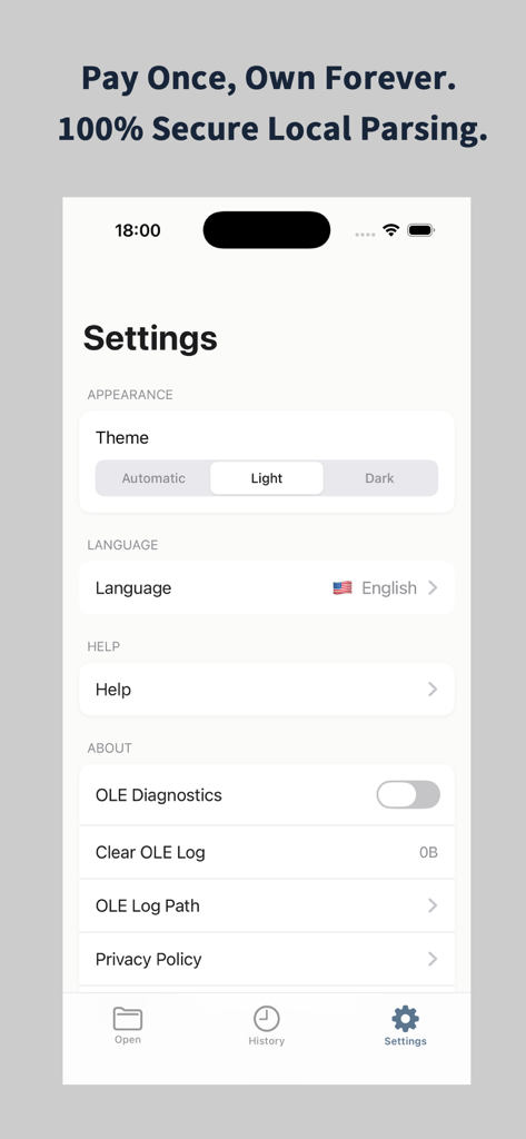 Pantalla de configuración de la aplicación Winmail.dat Opener mostrando opciones de idioma de apariencia y detalles de análisis local seguro.
