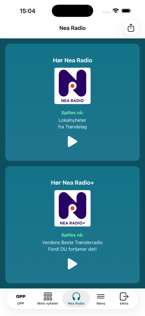OPP Nyheter - Uma captura de tela da seção Nea Radio dentro do aplicativo OPP Nyheter mostrando opções de reprodução de rádio local.